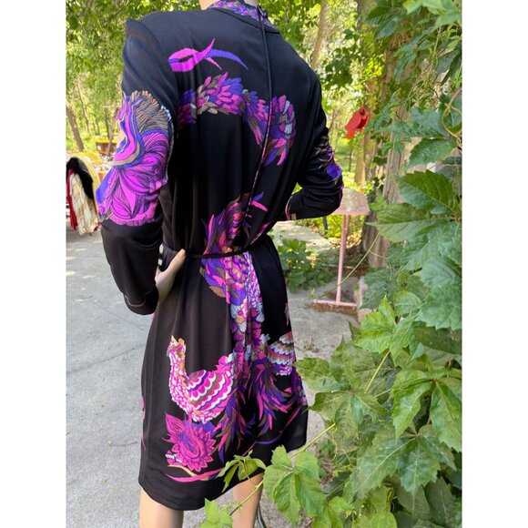 70s Psychedelic Phoenix Novelty Print Dress Long Sleeve Mock Neck Spaghetti Wais - Picture 7 of 10